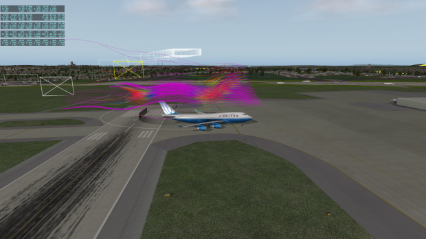 Der Flugsimulator zeigt an, welche Kräfte und Winde auf die Maschine wirken.